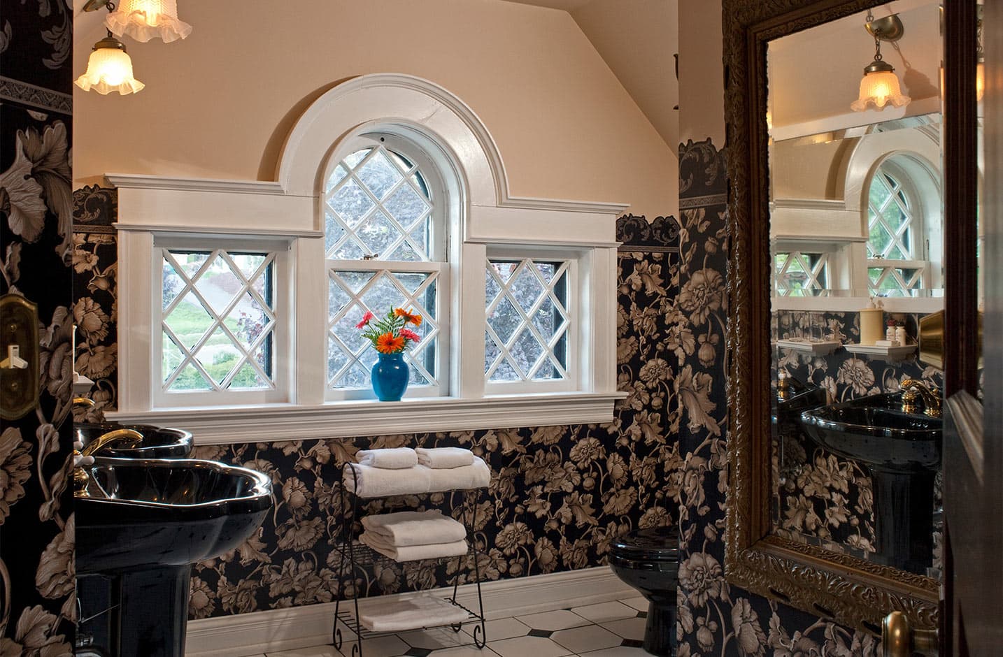 Bathroom in south room with black fixtures