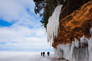 Photo outside the ice caves on Madeline Island: one of the best winter activities in Wisconsin.