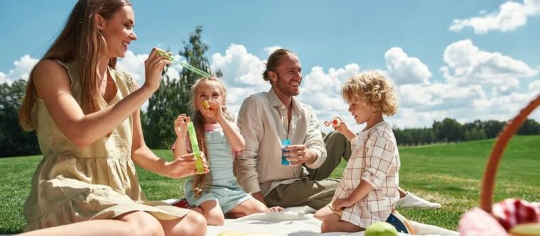 View of family having a picnic in the park in Bayfield, WI