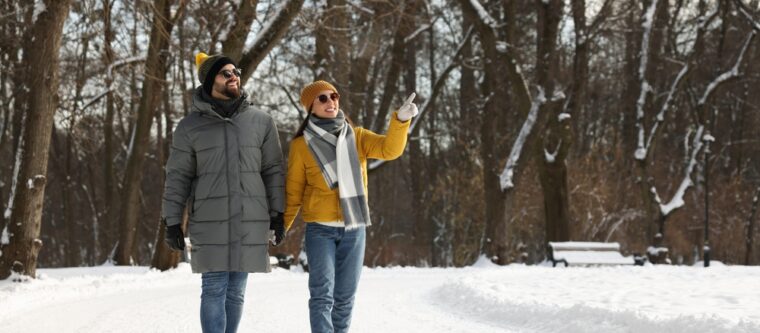 Couple on a winter walk in Bayfield, Wisconsin